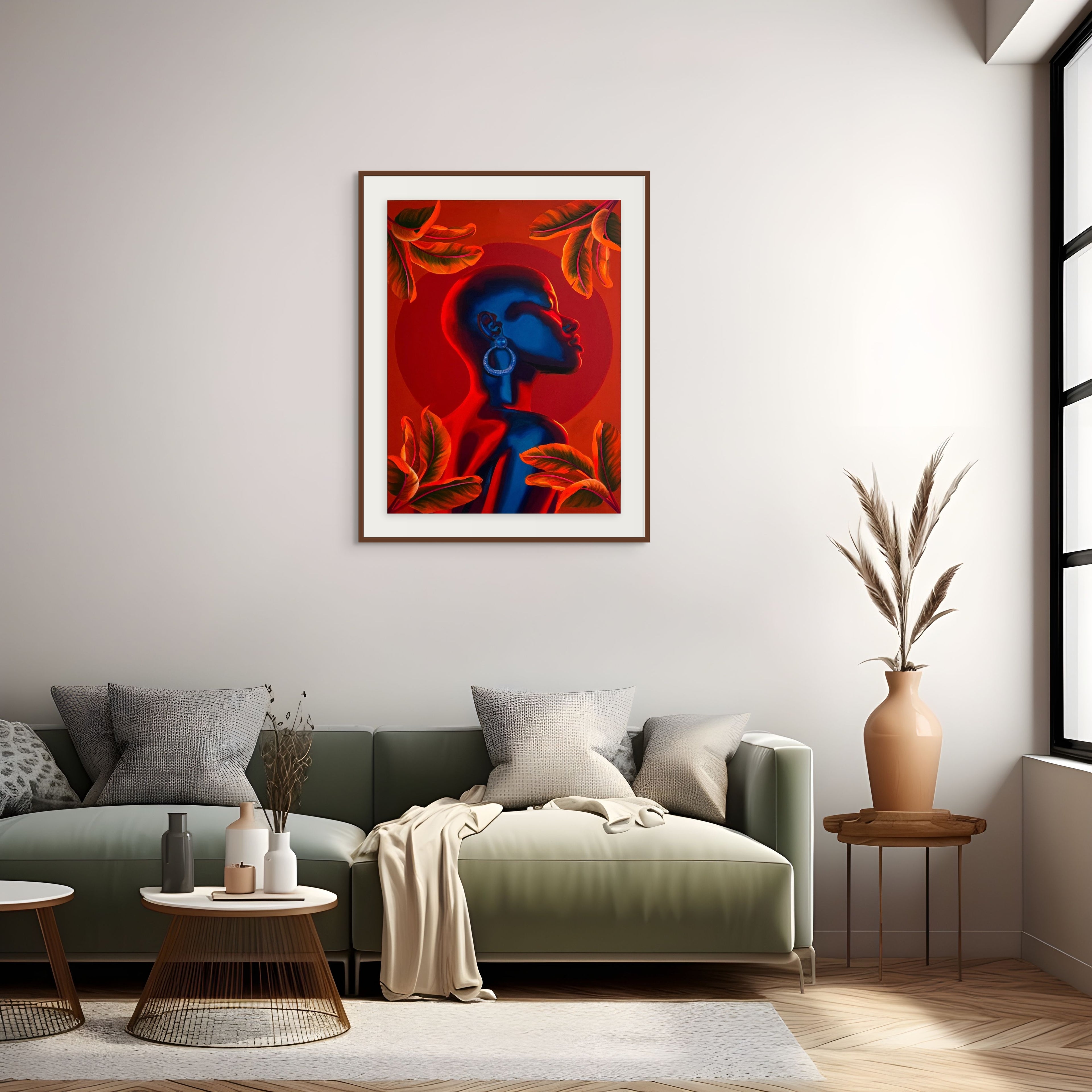 Modern living room with a colorful abstract painting on the wall, a gray sofa, and decorative items.